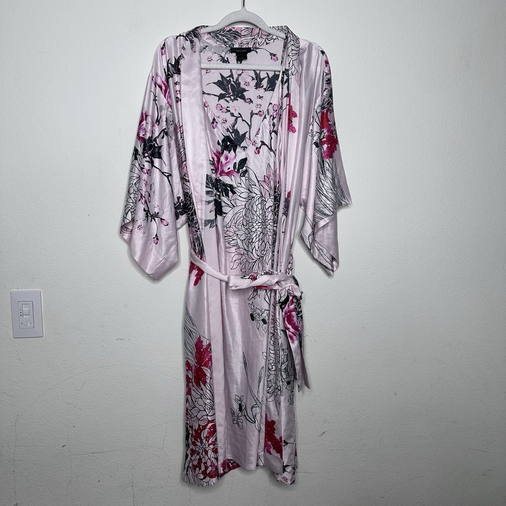 NATORI Robe And Slip‎ Women S Pink Floral Satin Kimono Chinoiserie Gown Luxury